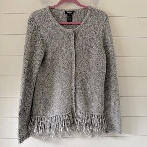 Olsen Size 12 (M-L) Grey Knit Boucle Cardigan Fringe. Hidden Snap Closure Blend…